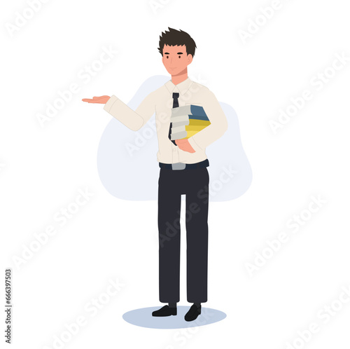 Thai University Student in Uniform Holding a Book and Giving a friendly Welcome Gesture