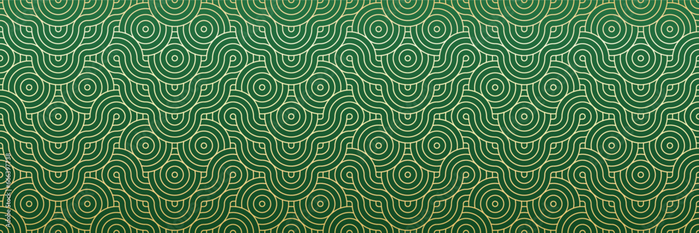Luxury Gold and Green Seamless Background Pattern with Geometric  Waves, Lines and Circles. Abstract design vector. with Dragon Silhouette. Chinese Lunar New Year Background.
