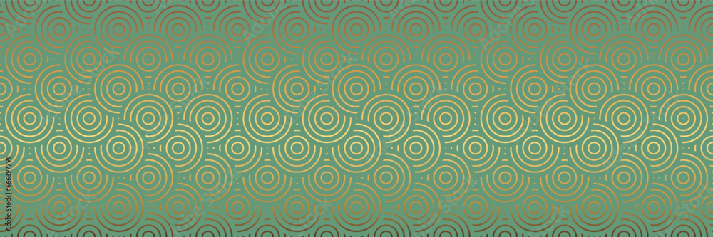 Seamless pattern in oriental geometric traditional style. 3d festive japanese ornament for lunar chinese new year decoration. Green Dragon Scales Abstract Asian Vector Creative Motif. Golden Coins