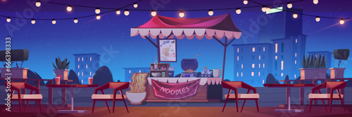Night street food outdoor cafe market with noodles. City festival scene at nighttime with fair garland bulb light. Resort terrace bistro with romantic lights and thai cuisine carnival outside store