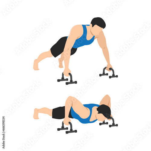 Man doing Push ups On Floor Bars exercise. Flat vector illustration isolated on white background