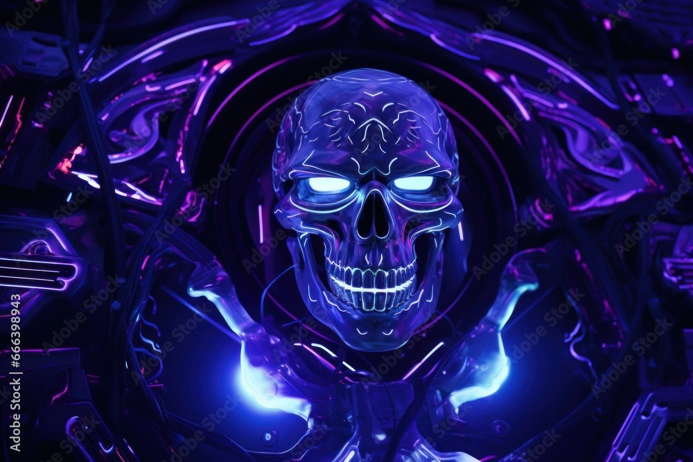 Skull in a blue neon glow. Halloween concept. Skull in a blue neon glow. Halloween concept.