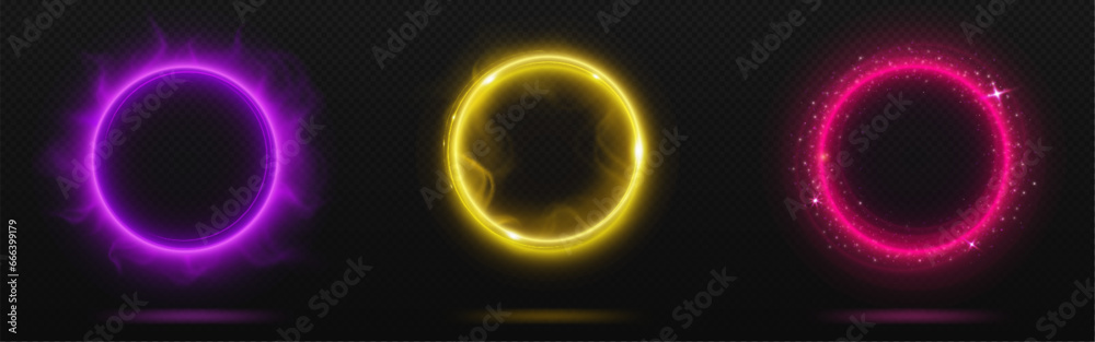 Magic light portal with neon glow effect. Realistic vector illustration set of energy rings for traveling in time and space. Fantastic electric luminous circle or frame with power of movement. Magic light portal with neon glow effect. Realistic vector illustration set of energy rings for traveling in time and space. Fantastic electric luminous circle or frame with power of movement.