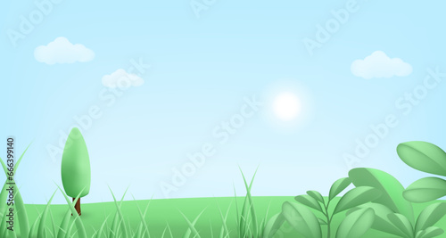 3d landscape mountain and hills illustration with 3d trees, cloud and sun. vector illustration.	