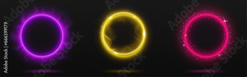 Magic light portal with neon glow effect. Realistic vector illustration set of energy rings for traveling in time and space. Fantastic electric luminous circle or frame with power of movement.