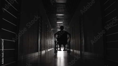 Tilting down monochromatic shot of female wheelchair user going through long dark hallway in clinic photo