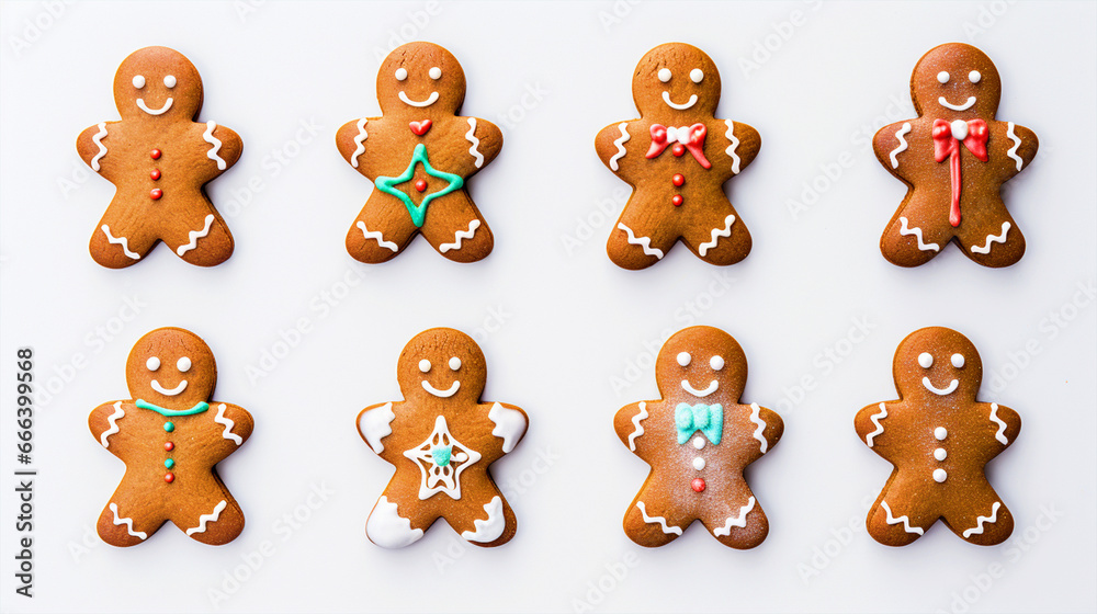 Ginger bread man cookies on isolated background top view - ai generative