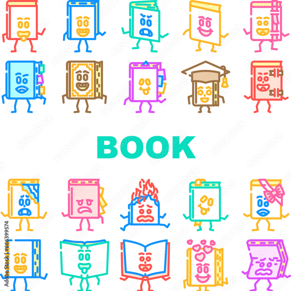 book character school icons set vector. study education, library, children, poster literature, girl notebook, student book character school color line illustrations
