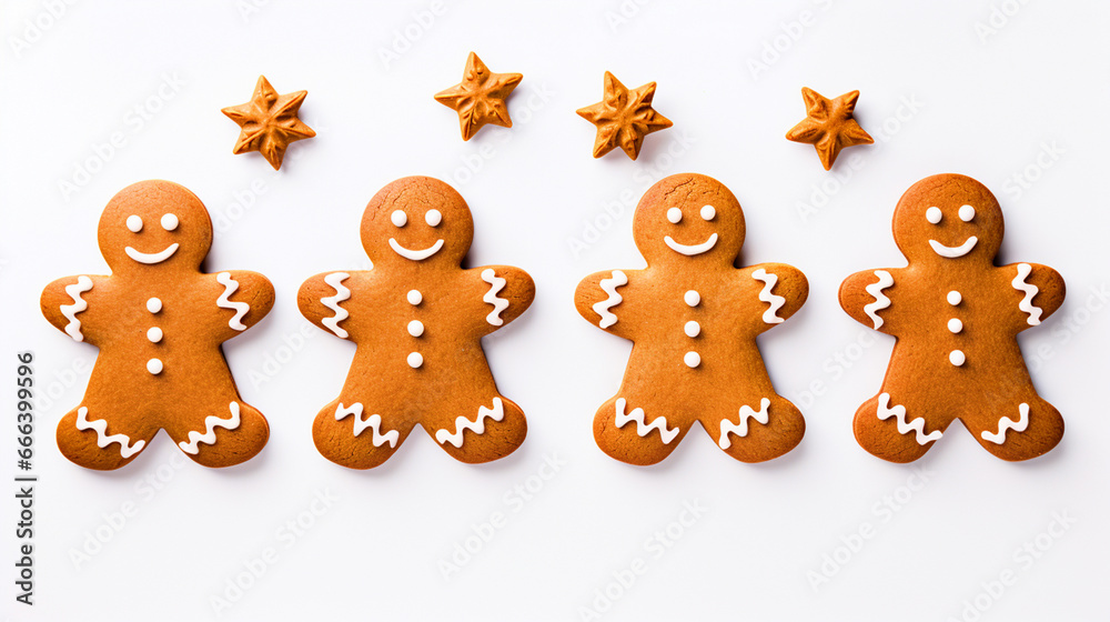 Fototapeta premium Ginger bread man cookies on isolated background top view - ai generative