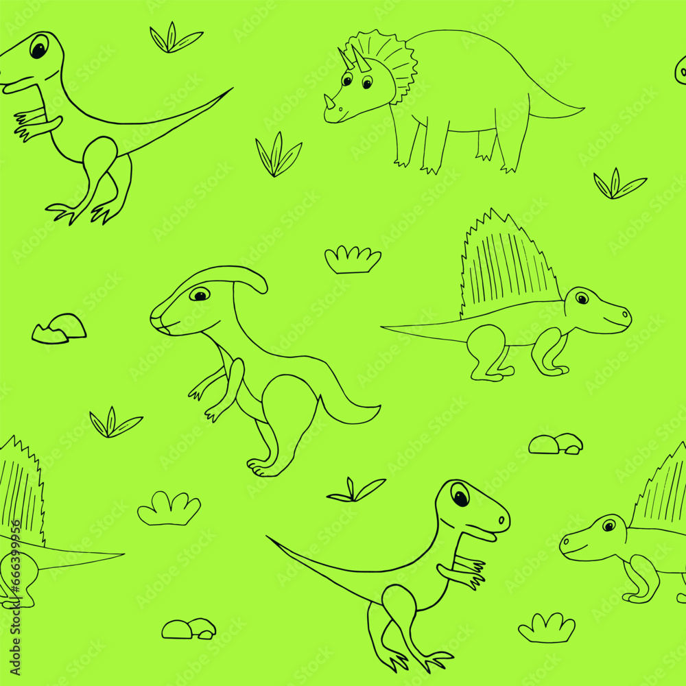 Fototapeta premium dinosaurs seamless pattern hand drawn in doodle style.
