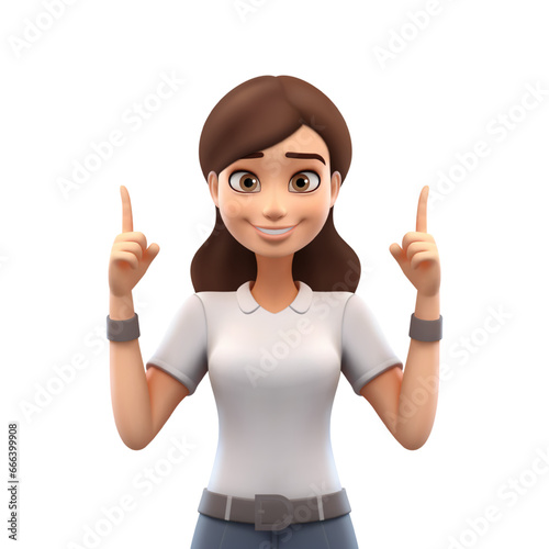 Cute cartoon woman portrait posing with up pointing fingers 3d realistic vector illustration