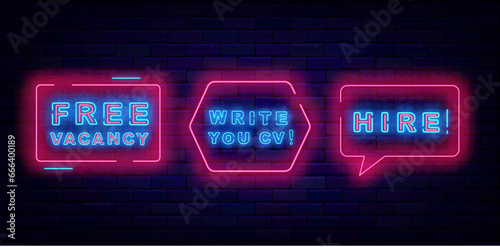 Free vacancy neon labels collection. Write your cv and hire. Job searching design. Recruitment. Vector illustration