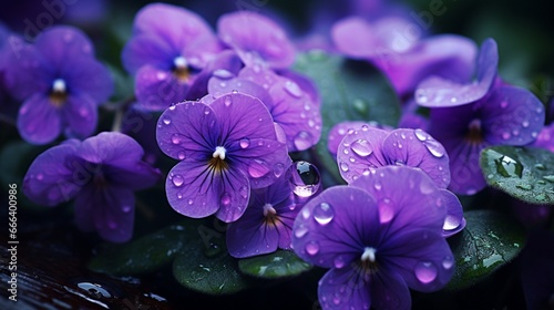 A patch of violets, their delicate petals covered in morning dew.