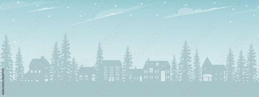 Christmas background.Winter landscape forest with snowy. Seamless pattern border with houses,fir trees and snowflakes on blue sky and clouds background.Vector illustration banner for New Year 2024