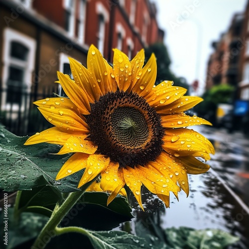 A close-up of a sunflower in the rain in London. The sunflower is yellow with dark brown seeds. Raindrops are glistening on the petals and leaves. photo