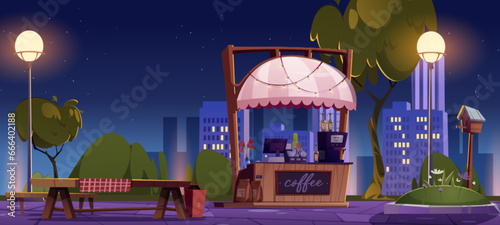 Outdoor cafe booth on street park patio near table cartoon vector illustration. Night summer city market with coffee seller. Nobody at festival. Marketplace exterior on pavement sidewalk in town