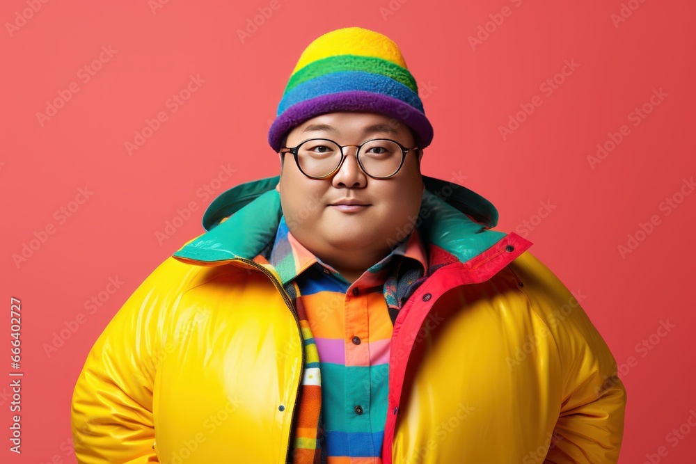 Portrait of overweight man standing on bright colors studio background. Chubby man model in trendy fashion