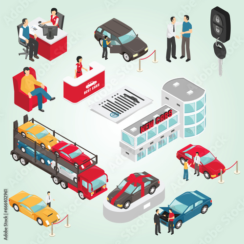 auto dealer showroom isometric vector illustration