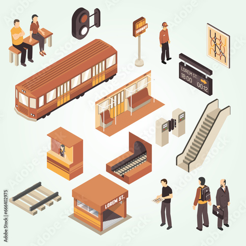 subway metro station isometric elements set