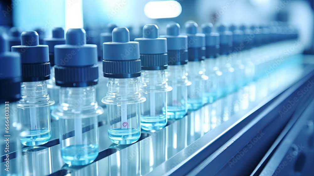 Medical vials moving through a production line in a pharmaceutical factory Medical vials moving through a production line in a pharmaceutical factory