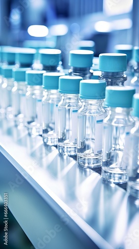 Medical vials moving through a production line in a pharmaceutical factory