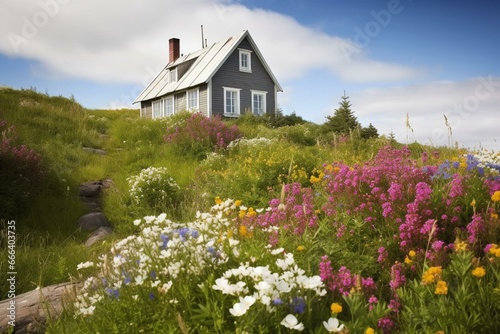 Scenic remote cottage surrounded by blooming flowers. Generative AI