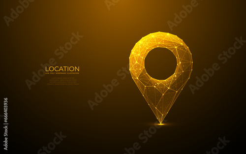 Abstract location pin. Digital GPS light golden icon. Low poly wireframe vector illustration in futuristic style with golden glitter. Travel and tourism locate concept with 3D effect. 