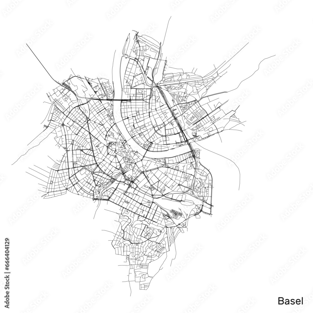 Basel city map with roads and streets, Switzerland. Vector outline illustration.