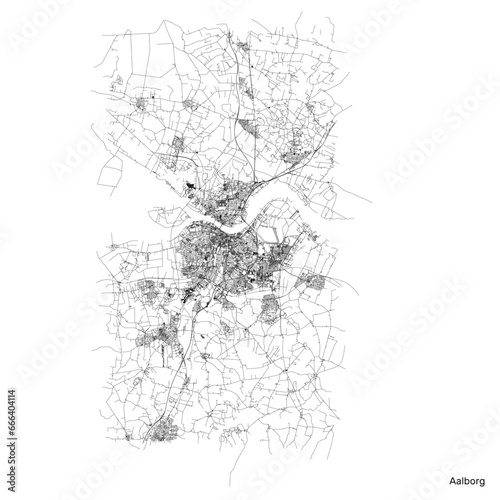 Aalborg city map with roads and streets, Denmark. Vector outline illustration.
