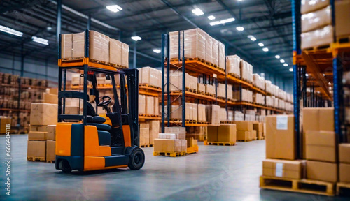 Retail warehouse full of shelves with goods in cartons, with pallets and forklifts. Logistics and transportation blurred background. © mohammad