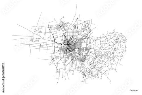 Debrecen city map with roads and streets, Hungary. Vector outline illustration.