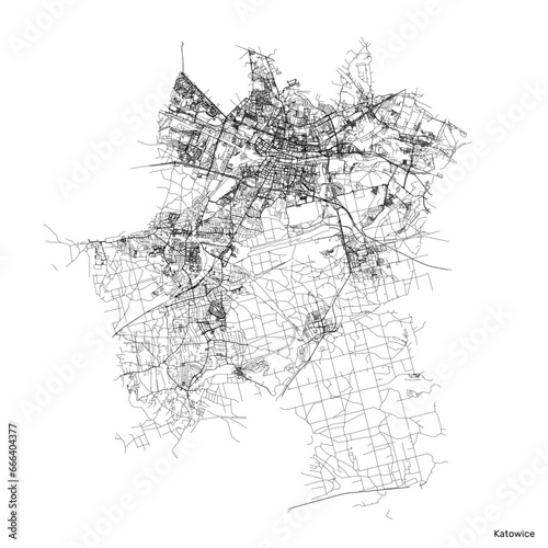 Katowice city map with roads and streets, Poland. Vector outline illustration.