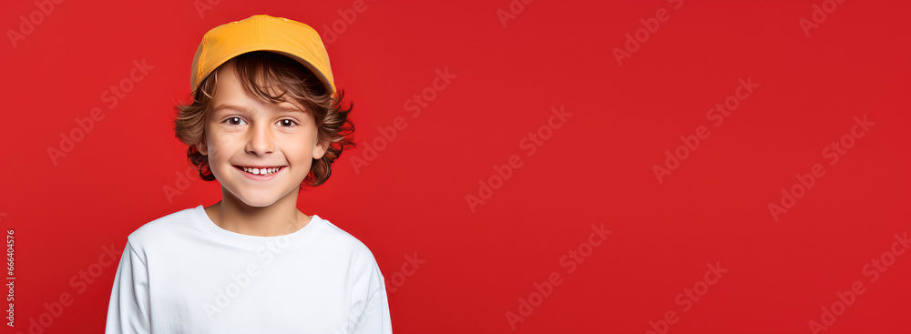 Fototapeta premium Portrait of happy kid smiling on bright colors studio background with empty copyspace, Cheerful little boy having fun