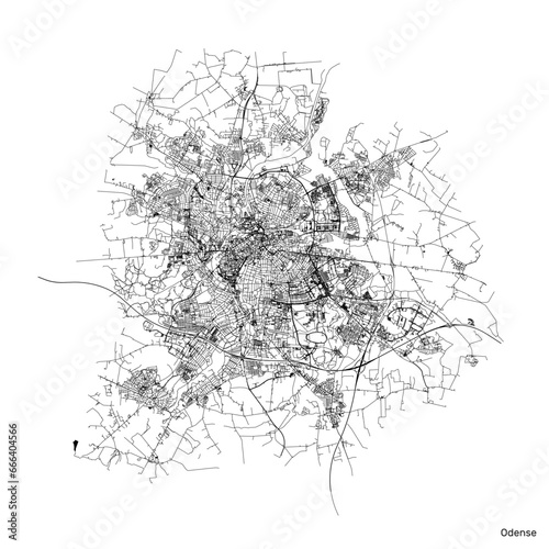 Odense city map with roads and streets, Denmark. Vector outline illustration.