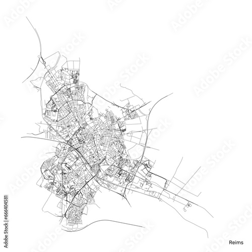 Reims city map with roads and streets, France. Vector outline illustration.