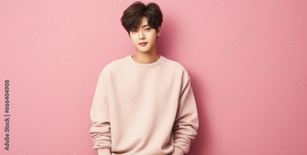 Obraz premium Blank mens pink t-shirt, jersey. Model showing clothing template.