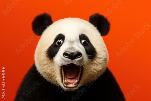 Studio headshot portrait of surprised panda on bright colors studio background
