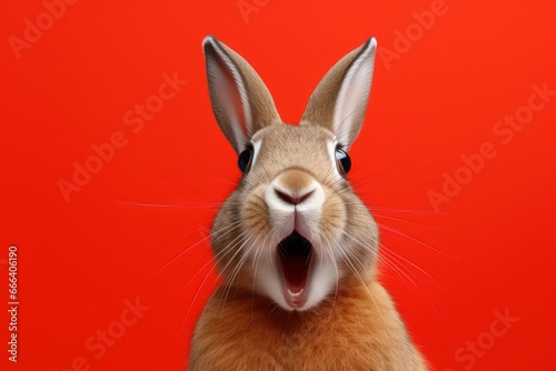Studio headshot portrait of surprised rabbit on bright colors studio background