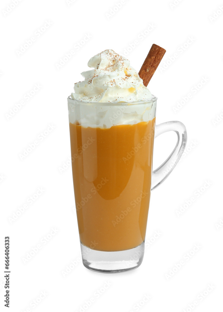 Cup of pumpkin spice latte with whipped cream and cinnamon stick isolated on white Cup of pumpkin spice latte with whipped cream and cinnamon stick isolated on white