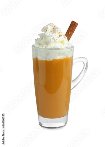 Cup of pumpkin spice latte with whipped cream and cinnamon stick isolated on white