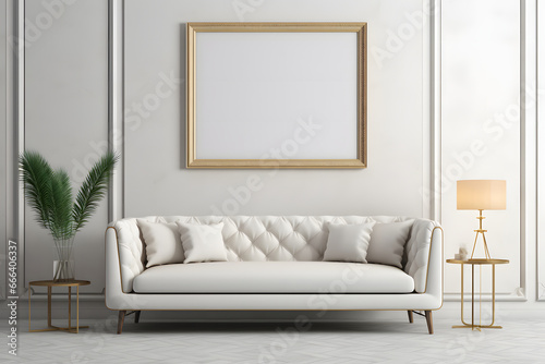 blank, empty photo frame mockup in a white luxury living room with sofa © AgungRikhi