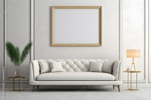 blank  empty photo frame mockup in a white luxury living room with sofa