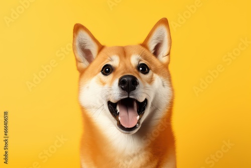 Studio headshot portrait of surprised dog on bright colors studio background