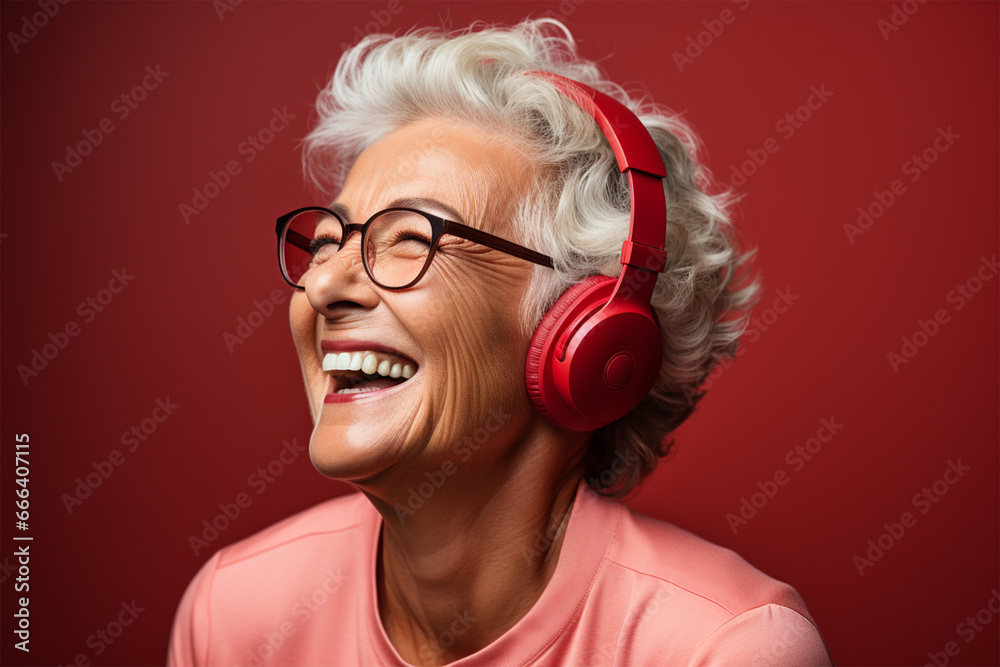beautiful and cheerful gray-haired woman in bright clothes and red headphones, on a color background