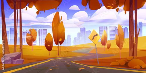 Autumn road to modern city. Vector cartoon illustration of highway perspective, traffic sign, forest trees with yellow foliage, sunny blue sky with fluffy clouds above cityscape buildings on horizon
