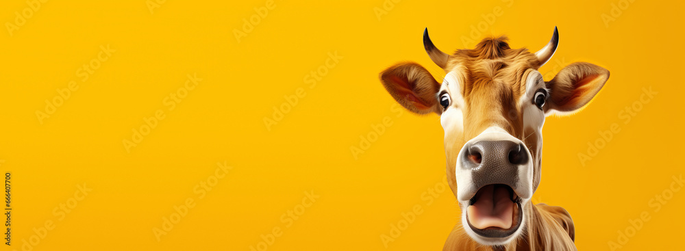 Studio portrait of surprised cow standing on bright colors studio banner with empty copyspace