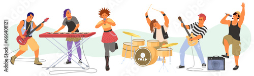 Punk rock band characters playing music instrument and singing