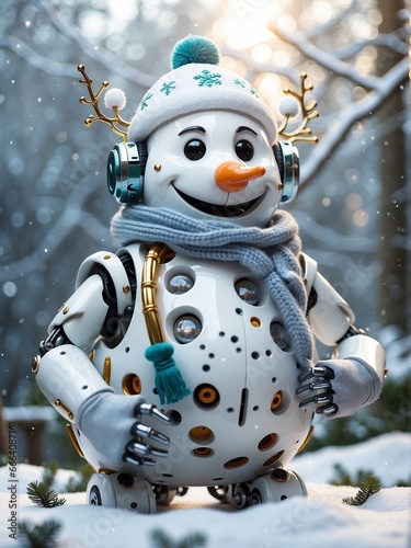 Snowman robot at winter Christmas landscape