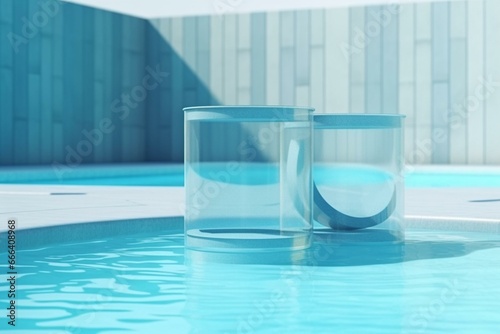3D render of blank cylinder frame with water caustics under swimming pool. Summer background, creative concept. Generative AI photo
