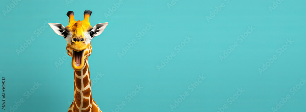 Studio headshot portrait of surprised giraffe on bright colors studio banner with empty copyspace